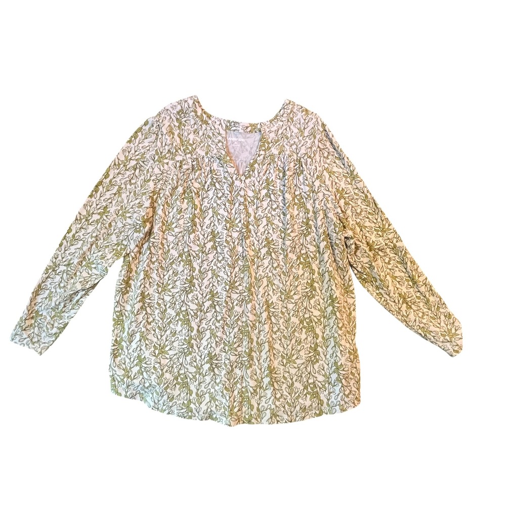 Lands End Henley Tunic Womens 2X White Green Floral Vine Long Sleeve Cotton